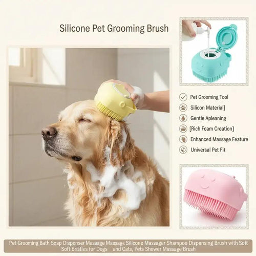 Pet Bath Soap Dispenser Massage Brush, Silicone Shampoo Dispensing Massager with Soft Bristles for Dogs and Cats, Pet Grooming Shower Massage Brush