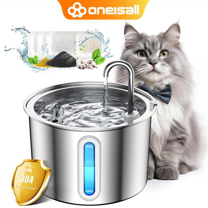 Oneisall Cat Water Fountain with 3 Replacement Filters,304 Stainless Steel, 2L/67Oz Automatic Water Fountain for Cats , Visual Water Level Window with Led,Gift for Pet