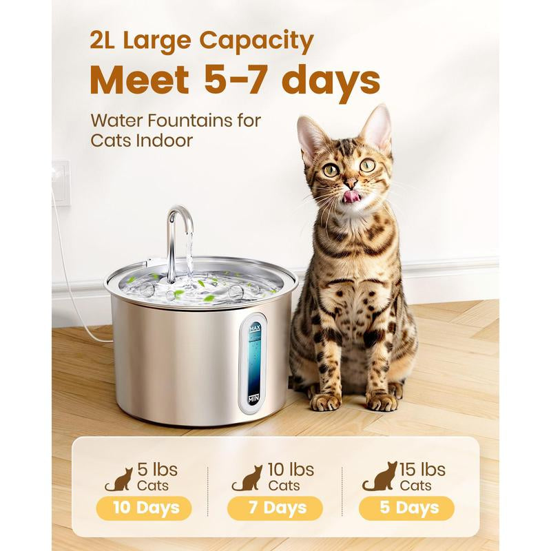 Oneisall Cat Water Fountain with 3 Replacement Filters,304 Stainless Steel, 2L/67Oz Automatic Water Fountain for Cats , Visual Water Level Window with Led,Gift for Pet