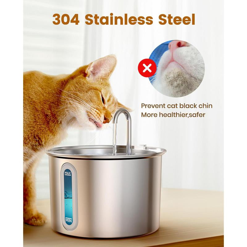 Oneisall Cat Water Fountain with 3 Replacement Filters,304 Stainless Steel, 2L/67Oz Automatic Water Fountain for Cats , Visual Water Level Window with Led,Gift for Pet