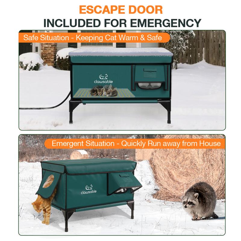 Heated Cat House for Outdoor Winter, 100% Waterproof, Safe Escape Door, Fully Insulated Outdoor Cat Shelter with Heater for Feral Barn Cats and Kittens