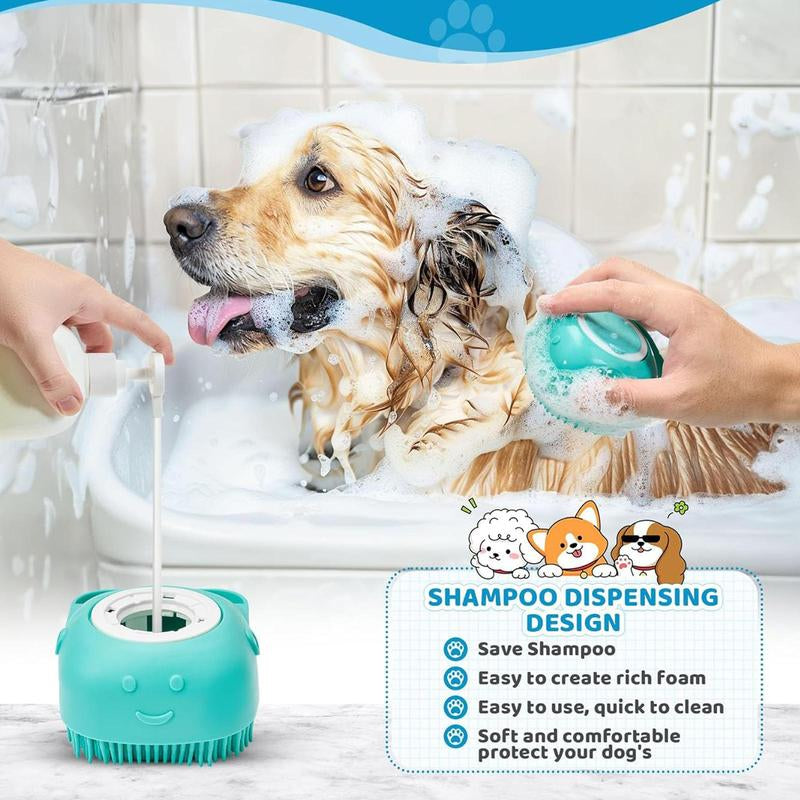 Pet Bath Soap Dispenser Massage Brush, Silicone Shampoo Dispensing Massager with Soft Bristles for Dogs and Cats, Pet Grooming Shower Massage Brush