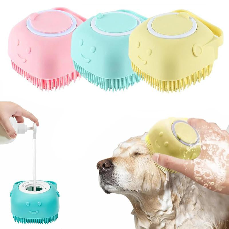Pet Bath Soap Dispenser Massage Brush, Silicone Shampoo Dispensing Massager with Soft Bristles for Dogs and Cats, Pet Grooming Shower Massage Brush