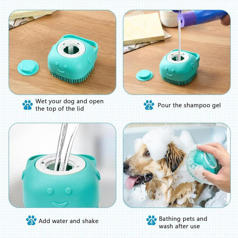 Pet Bath Soap Dispenser Massage Brush, Silicone Shampoo Dispensing Massager with Soft Bristles for Dogs and Cats, Pet Grooming Shower Massage Brush