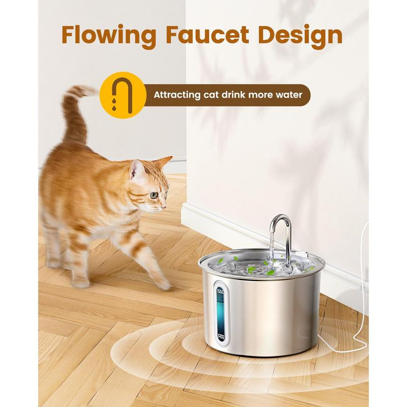 Oneisall Cat Water Fountain with 3 Replacement Filters,304 Stainless Steel, 2L/67Oz Automatic Water Fountain for Cats , Visual Water Level Window with Led,Gift for Pet
