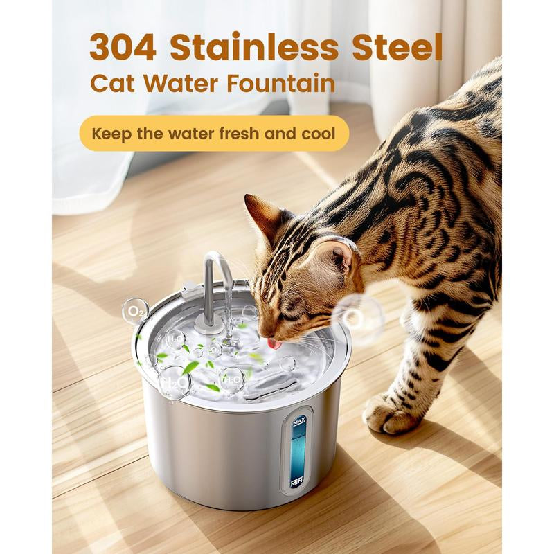 Oneisall Cat Water Fountain with 3 Replacement Filters,304 Stainless Steel, 2L/67Oz Automatic Water Fountain for Cats , Visual Water Level Window with Led,Gift for Pet