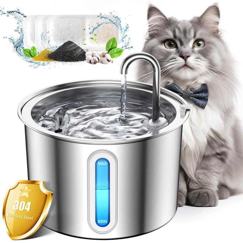 Oneisall Cat Water Fountain with 3 Replacement Filters,304 Stainless Steel, 2L/67Oz Automatic Water Fountain for Cats , Visual Water Level Window with Led,Gift for Pet